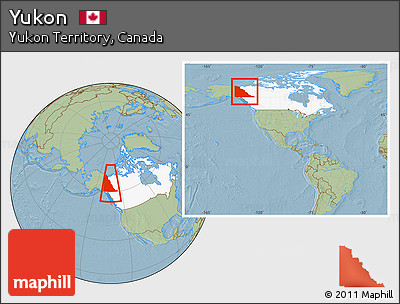 Savanna Style Location Map of Yukon, highlighted country, highlighted parent region, within the entire country, hill shading