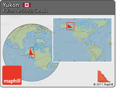 Savanna Style Location Map of Yukon, highlighted parent region, within the entire country, hill shading
