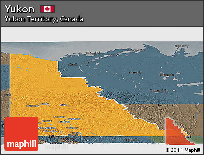 Political Panoramic Map of Yukon, darken, semi-desaturated