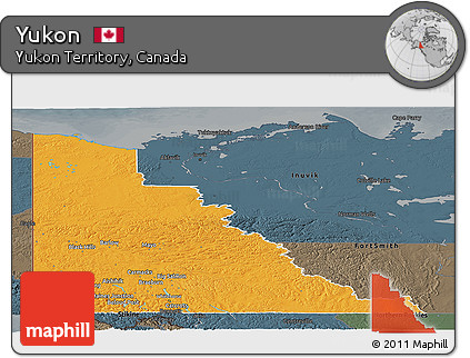 Political Panoramic Map of Yukon, darken, semi-desaturated