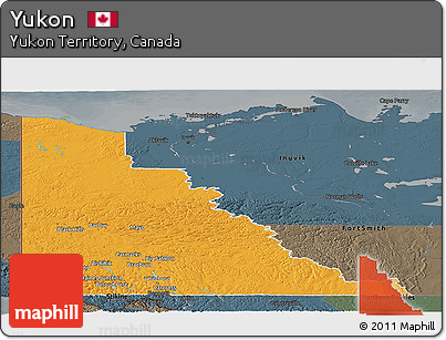 Political Panoramic Map of Yukon, darken, semi-desaturated
