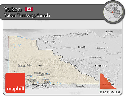 Shaded Relief Panoramic Map of Yukon, desaturated