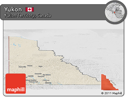 Shaded Relief Panoramic Map of Yukon, lighten, desaturated