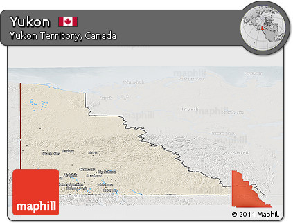 Shaded Relief Panoramic Map of Yukon, lighten, semi-desaturated