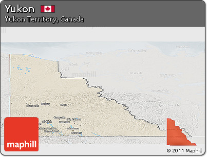Shaded Relief Panoramic Map of Yukon, lighten, semi-desaturated