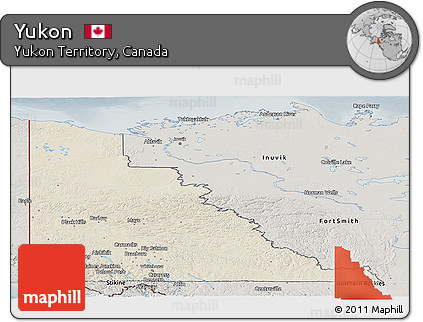 Shaded Relief Panoramic Map of Yukon, semi-desaturated