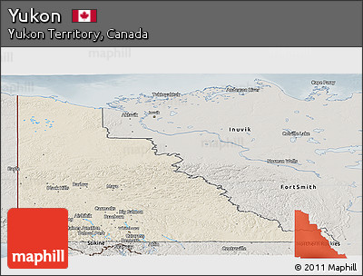 Shaded Relief Panoramic Map of Yukon, semi-desaturated