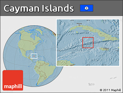 Gray Location Map of Cayman Islands, savanna style outside, hill shading outside