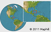 Satellite Location Map of Cayman Islands, within the entire continent