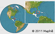 Satellite Location Map of Cayman Islands, highlighted continent, within the entire continent