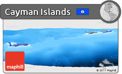 Flag Panoramic Map of Cayman Islands, single color outside, bathymetry sea, flag aligned to the middle