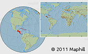 Savanna Style Location Map of Central America, within the entire world, hill shading