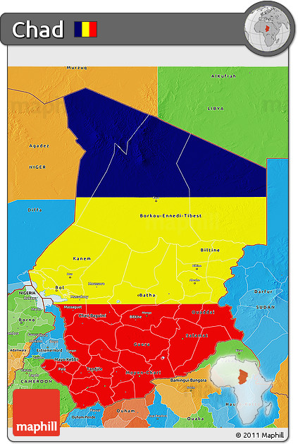 Flag 3D Map of Chad, political outside, flag rotated