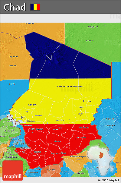 Flag 3D Map of Chad, political outside, flag rotated