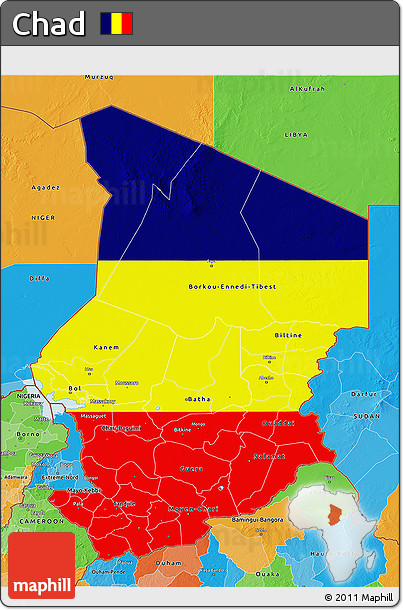 Flag 3D Map of Chad, political outside, flag rotated