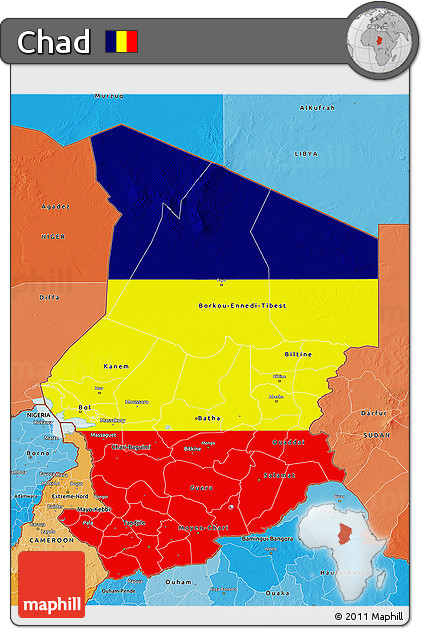 Flag 3D Map of Chad, political shades outside, flag aligned to the middle