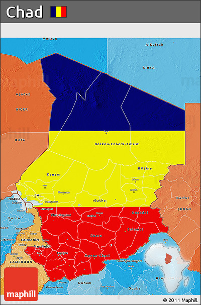 Flag 3D Map of Chad, political shades outside, flag aligned to the middle