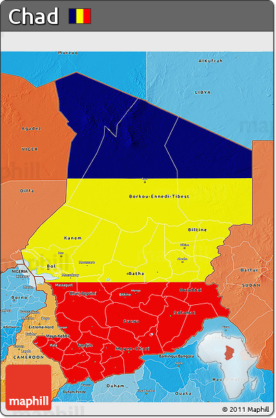 Flag 3D Map of Chad, political shades outside, flag aligned to the middle