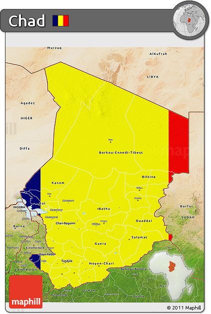 Flag 3D Map of Chad, satellite outside, flag centered