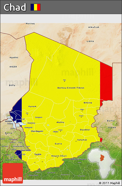 Flag 3D Map of Chad, satellite outside, flag centered