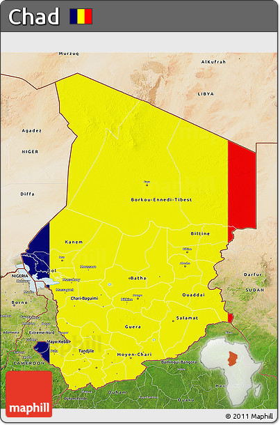 Flag 3D Map of Chad, satellite outside, flag centered