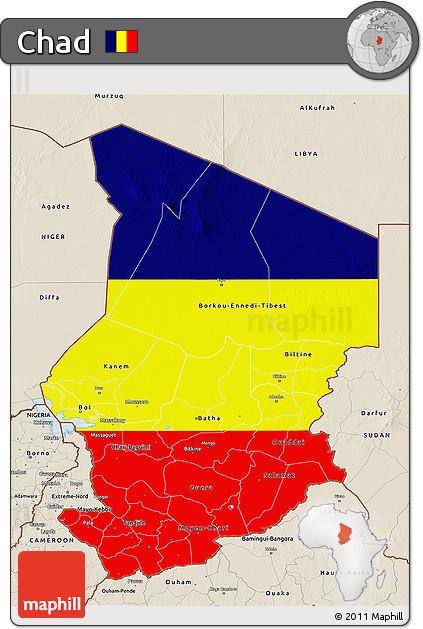 Flag 3D Map of Chad, shaded relief outside, flag rotated
