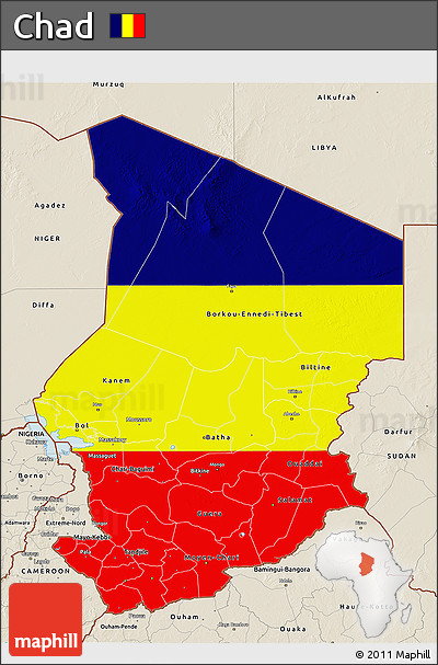 Flag 3D Map of Chad, shaded relief outside, flag rotated