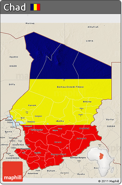 Flag 3D Map of Chad, shaded relief outside, flag rotated