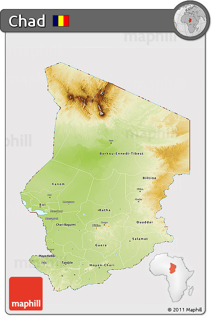 Physical 3D Map of Chad, cropped outside
