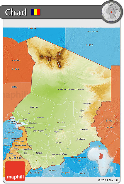 Physical 3D Map of Chad, political shades outside