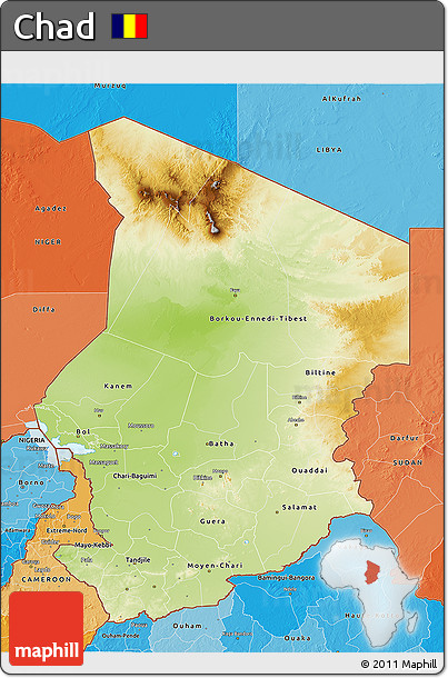 Physical 3D Map of Chad, political shades outside