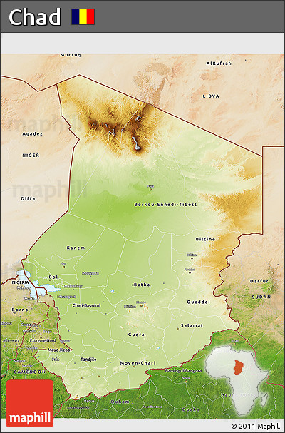 Physical 3D Map of Chad, satellite outside