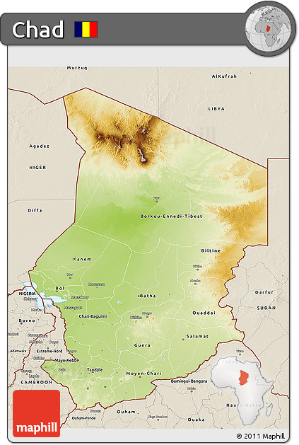 Physical 3D Map of Chad, shaded relief outside