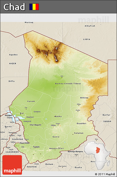 Physical 3D Map of Chad, shaded relief outside