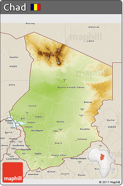 Physical 3D Map of Chad, shaded relief outside