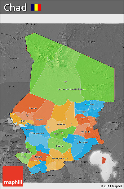 Political 3D Map of Chad, darken, desaturated