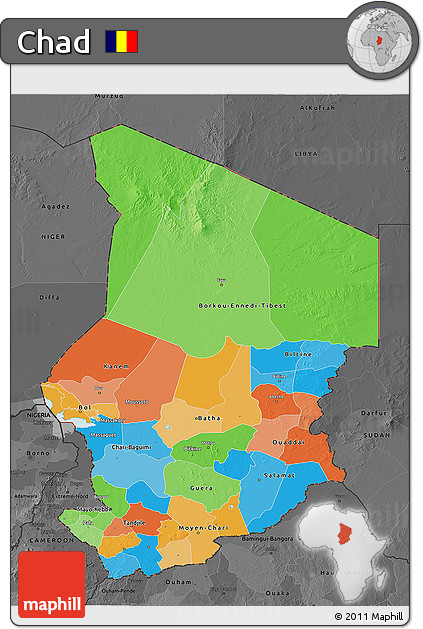 Political 3D Map of Chad, darken, desaturated