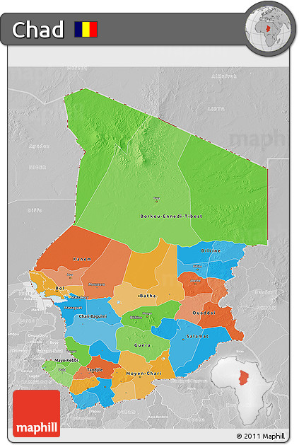 Political 3D Map of Chad, lighten, desaturated
