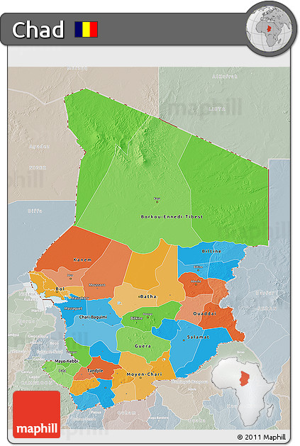 Political 3D Map of Chad, lighten, semi-desaturated
