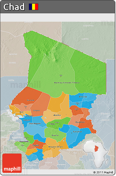 Political 3D Map of Chad, lighten, semi-desaturated