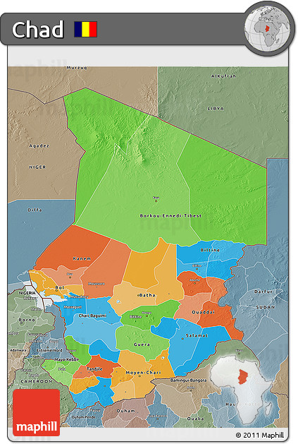 Political 3D Map of Chad, semi-desaturated