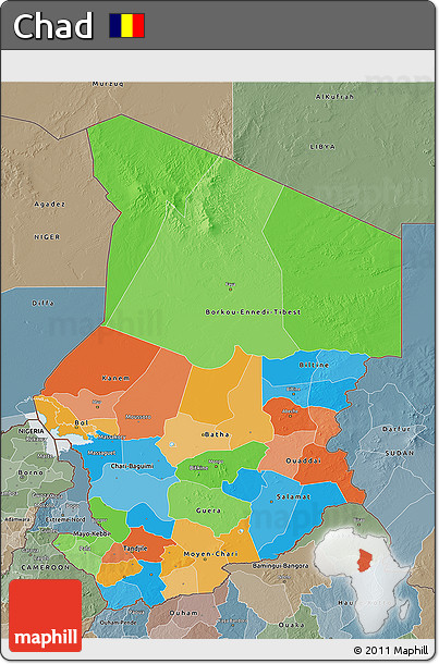 Political 3D Map of Chad, semi-desaturated