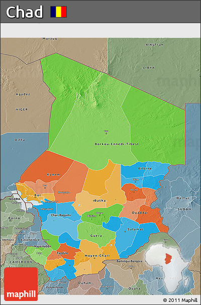 Political 3D Map of Chad, semi-desaturated