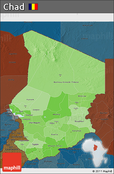 Political Shades 3D Map of Chad, darken