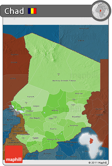Political Shades 3D Map of Chad, darken