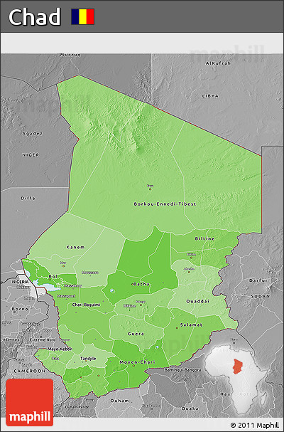 Political Shades 3D Map of Chad, desaturated