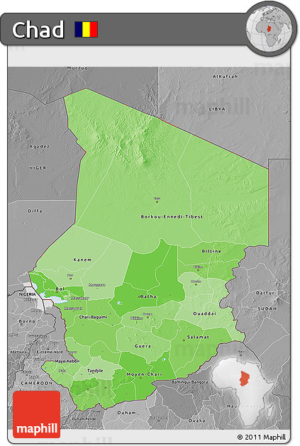Political Shades 3D Map of Chad, desaturated