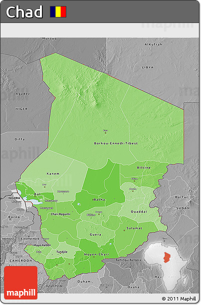 Political Shades 3D Map of Chad, desaturated