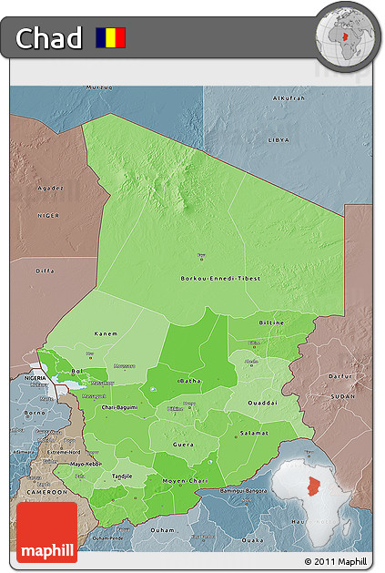 Political Shades 3D Map of Chad, semi-desaturated