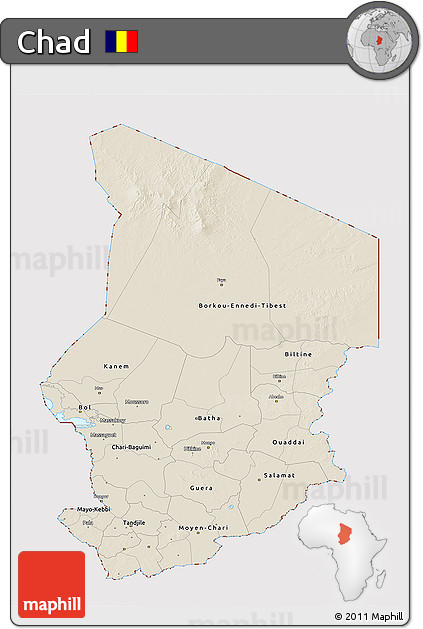 Shaded Relief 3D Map of Chad, cropped outside